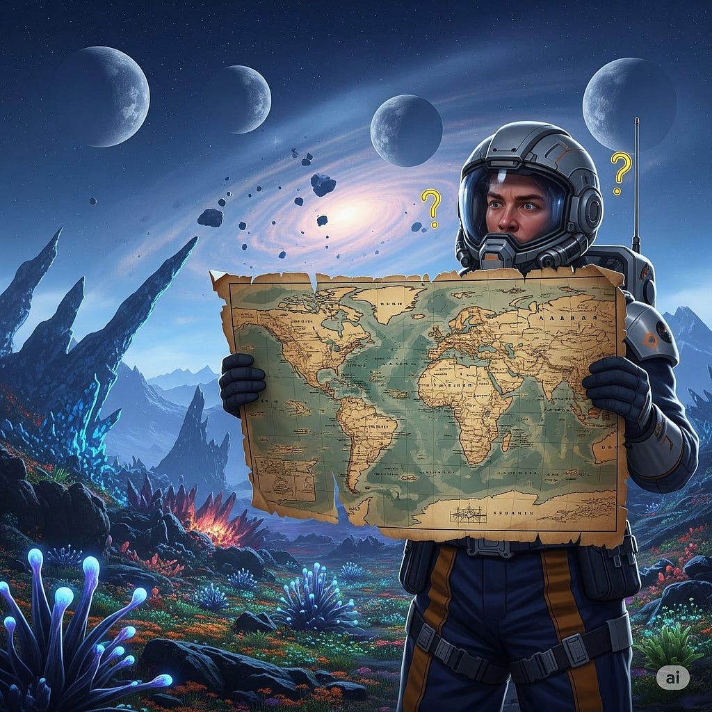 Futuristic digital illustration of an astronaut standing on an alien planet, holding an old, weathered map of Earth. The astronaut, wearing a helmet and space suit, looks confused as question marks float above their head. The landscape around them is filled with glowing, otherworldly plants, jagged blue rock formations, and a distant volcanic glow. In the sky, several moons and a spiral galaxy with orbiting asteroids create a surreal cosmic backdrop. The contrast between the ancient paper map an